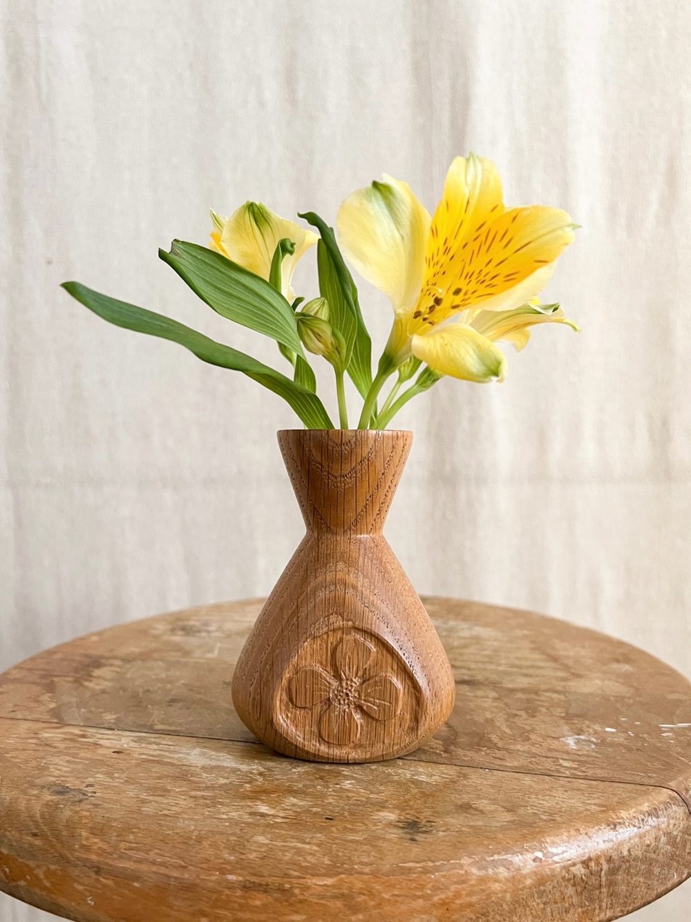 Small Vintage Hand Turned Wooden Bud Vase With Floral Motif MCM 1960s-70s